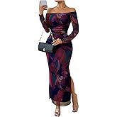 GORGLITTER Women's Tie Dye Mesh Off Shoulder Dresses Ruched Long Sleeve Bodycon Maxi Party Dress