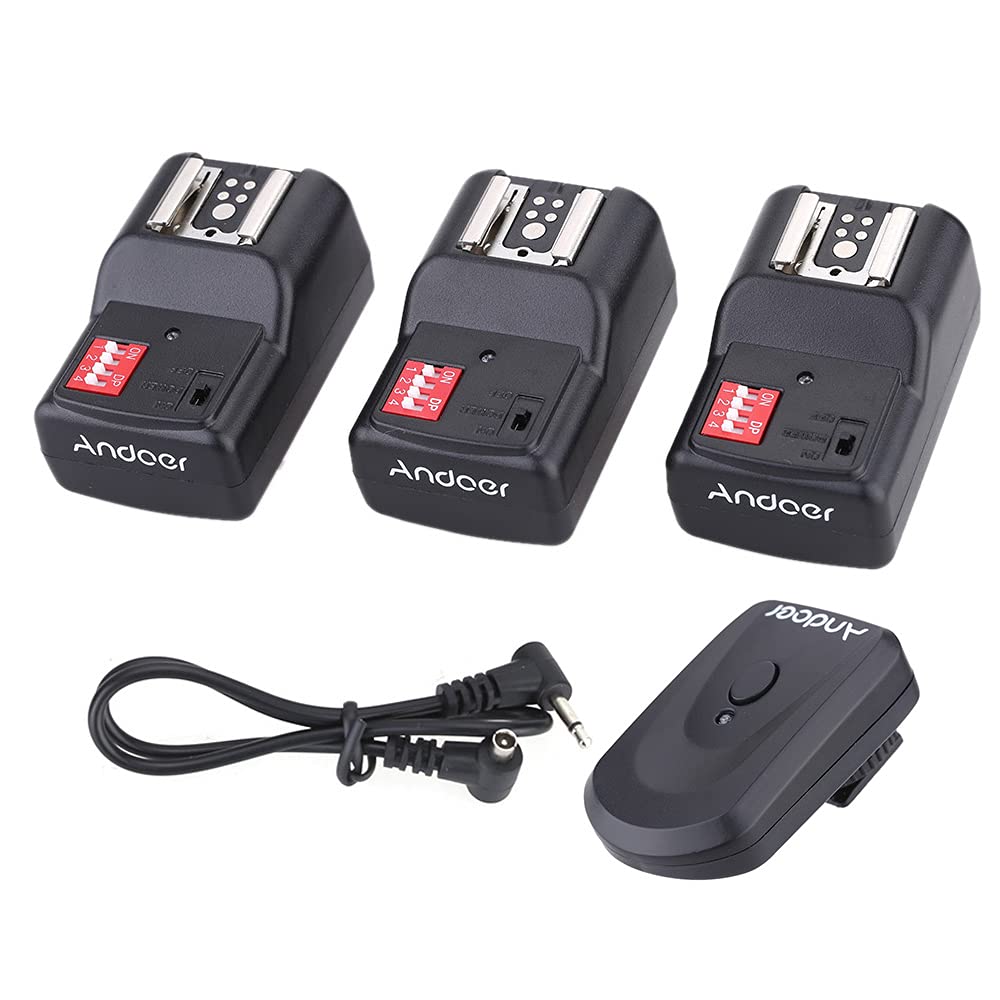 Andoer 16 Channel Wireless Remote Flash Trigger Set 1 Transmitter + 3 Receivers + 1 Sync Cord compatible with Canon Nikon Pentax Olympus Sigma Sunpak Vivitar Neewer YOUNGNUO Speedlite
