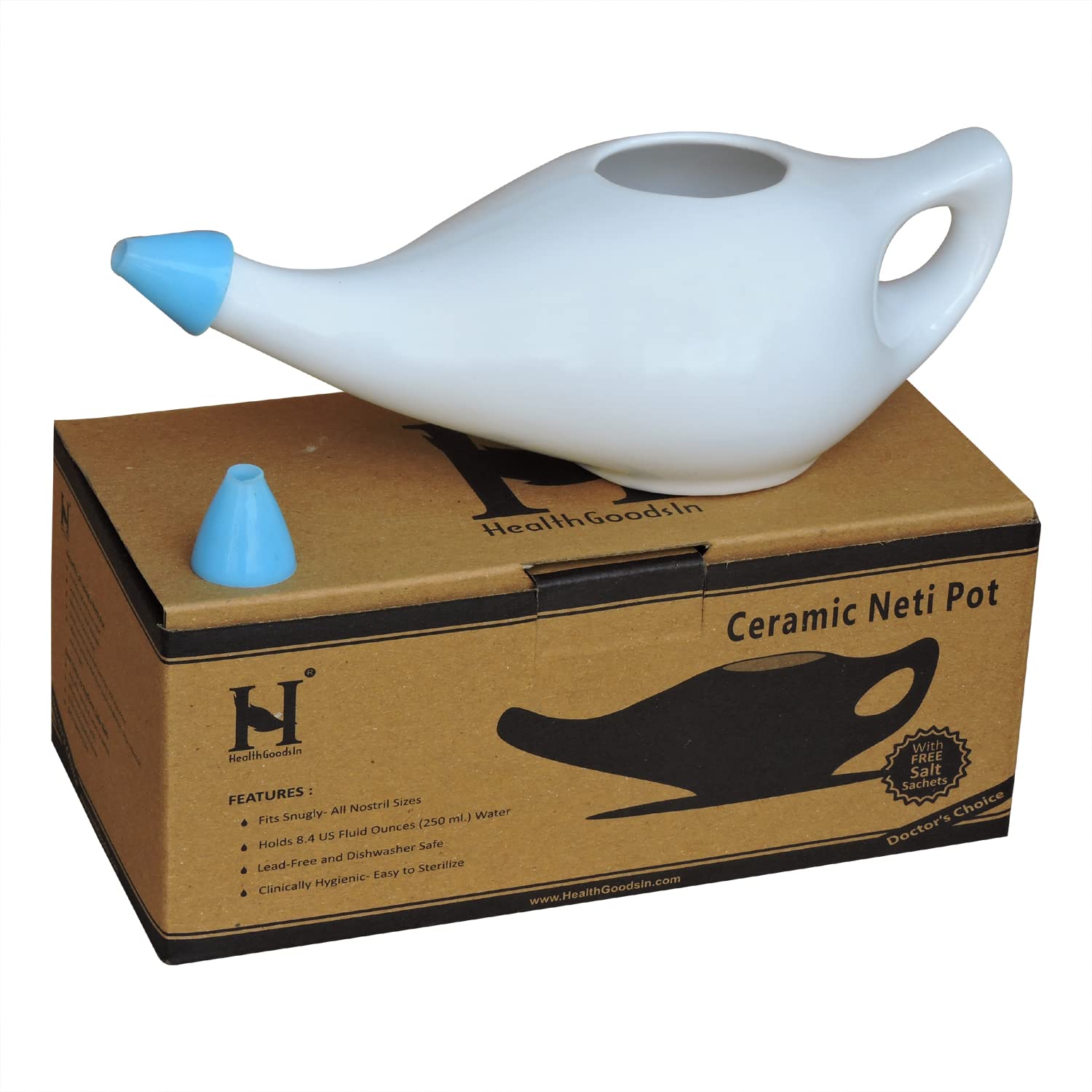 Ceramic Neti Pot Premium Handcrafted, Nose Cleaner for Sinus Dishwasher Safe with 2 Silicone Nozzle Tip, 225 Ml Capacity - White Color