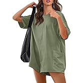 Yousify Rompers for Women 2025 Summer Athletic Oversized Romper Short Sleeve Jumpsuit with Pockets