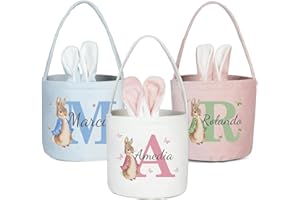 JISHANGXY Personalized Easter Basket for Girls Boys, Custom Bunny Tote Bag for Kids, Easter Egg Hunt Party Gifts (D- Letter+N