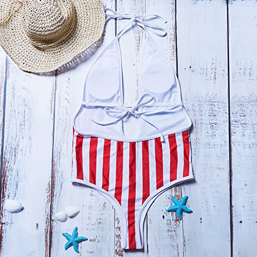DZTZ American Independence Day Women's Bikini Sexy V Neck High Waisted One Piece Swimsuits Backless Thong (M, Red)