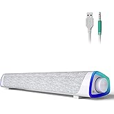 SOULION R30 Computer Speakers, USB Powered 3.5mm AUX Small PC Speaker, Colorful LED Lights with Switch Button, Surround Sound Bar Speaker for Desktop Laptop White
