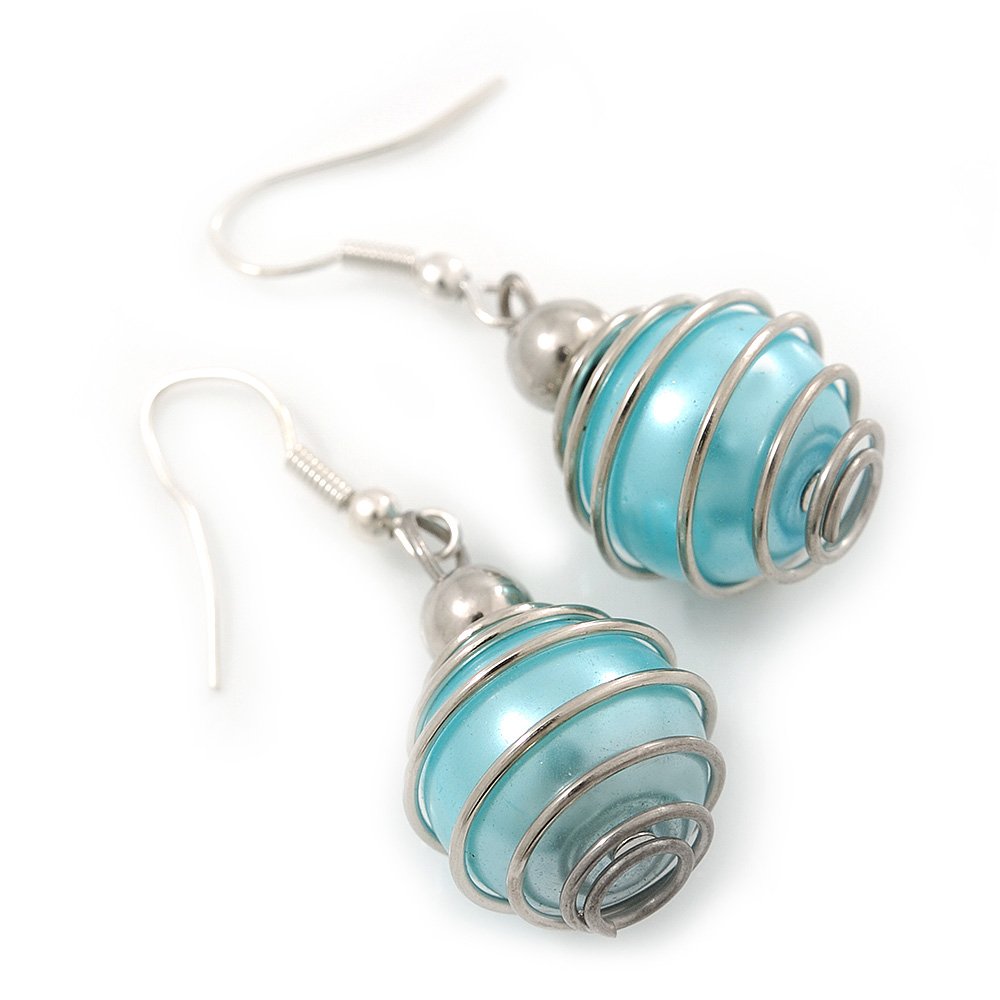 Light Blue Faux Pearl Drop Earrings/Silver Tone/ 40mm L