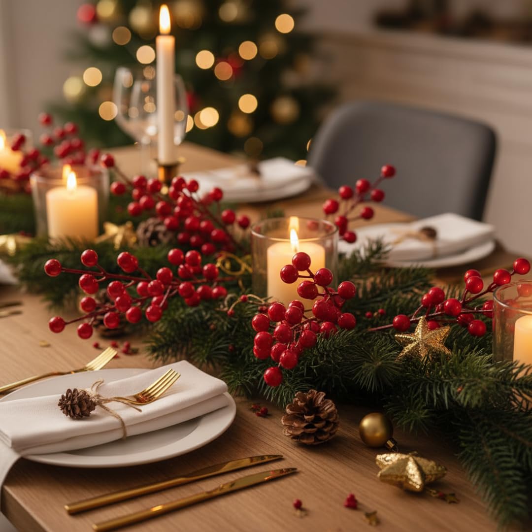 Photo 1 of Art Secret 36 Pcs Artificial Red Berry Stems – 8 Inch Faux Christmas Berry Picks for Holiday Tree, Garland, Wreaths, Crafts, Wedding, Winter Home Décor – Red Plastic Spray Branches for DIY