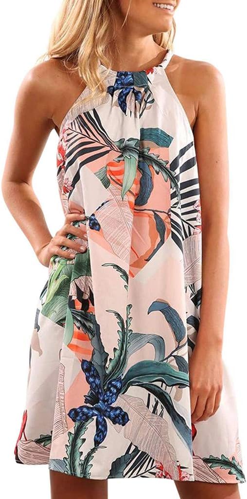 Gaddrt Dress Women's Ladies Summer Sleeveless Halter Neck Floral Print Casual Mini Dress