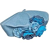 Panchitalk Women Denim Beret Hat, Cotton French Style Flower Beanie Artist Hat Adjustable Summer Jean Painter Cap, 56-59cm
