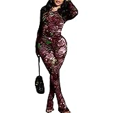 Ryehack Two Piece Sets for Women Floral Print See Through Mesh Long Sleeve Crop Tops and Pants Sets Jumpsuits Club Outfits