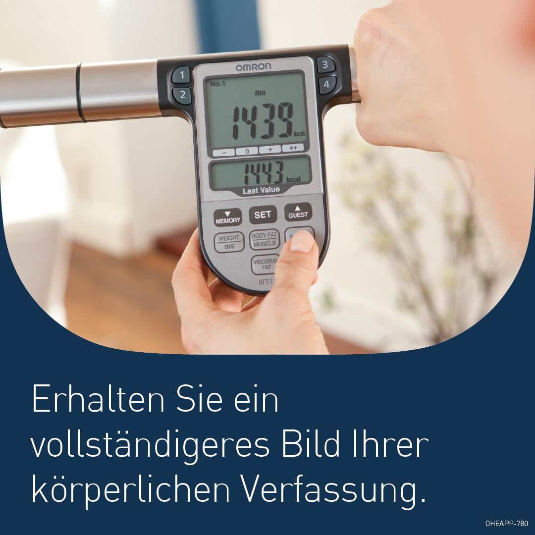 OMRON BF511 Personenwaage: Körperfettwaage mit Körperfett und Muskelmasse - 8-Sensoren mit Hand zu Fuß Messung, bis 150 kg, für Erwachsene und Kinder ab 6 Jahren. 2