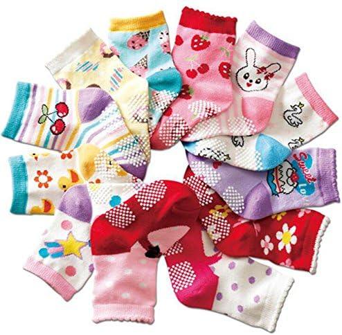 12 Pairs Baby Girls Socks 12-24 Months Toddler Anti slip with Grip Ankle Walker Non Skid Rubber Socks Infant Shoes