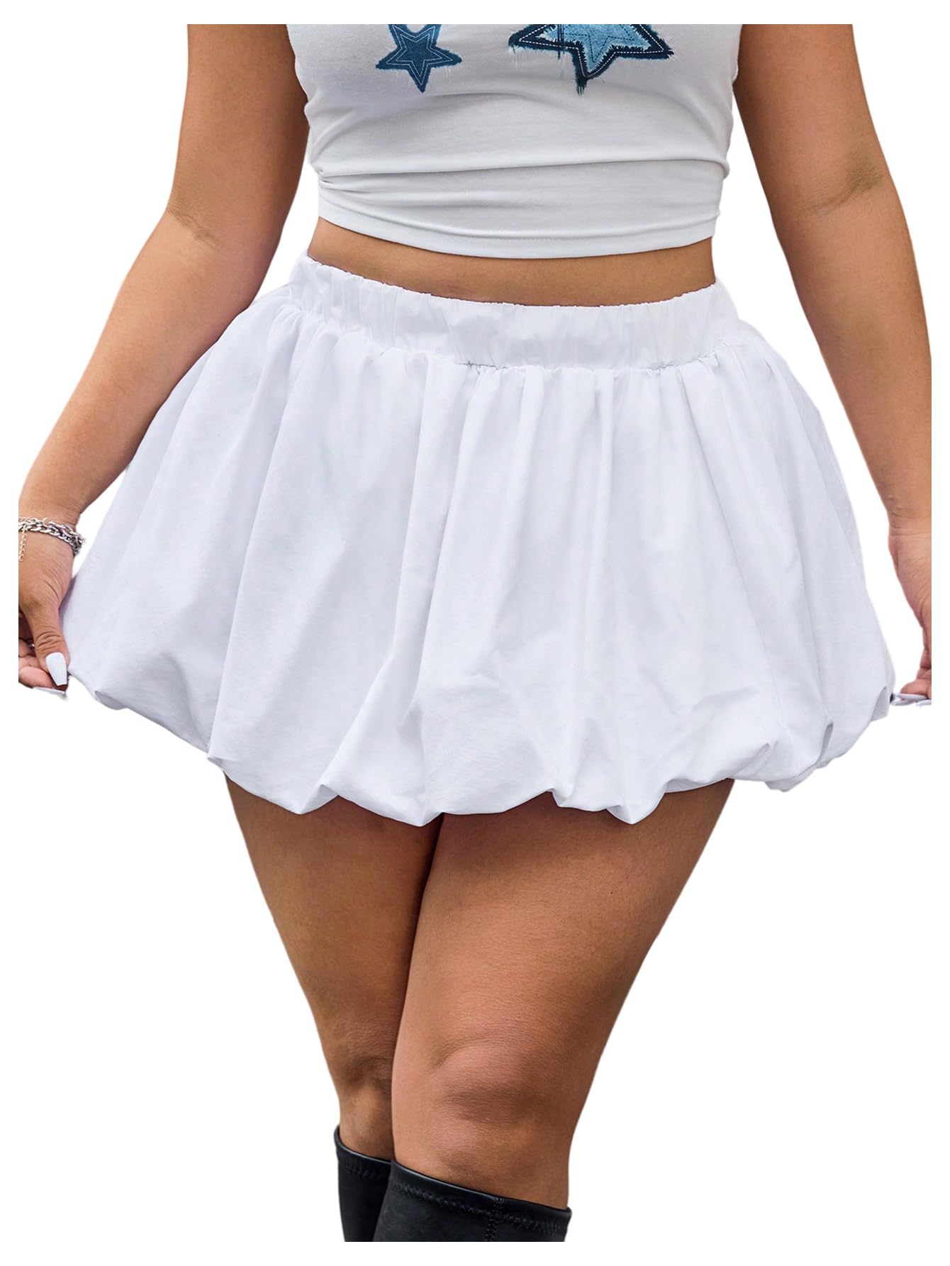 Photo 1 of *MINOR DAMAGE - USED*
WDIRARA Women's Plus Size Solid Bubble Mini Skirt High Waist Ruffle Hem Skirts White 3X-Large Plus