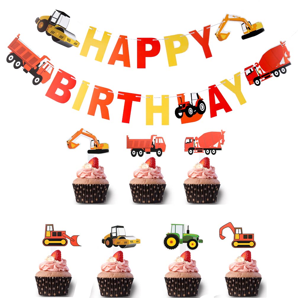 Houhounb Construction Vehicle Birthday Cake Decoration Happy Birthday Banner Red Tractor Digger Children's Birthday Decoration Cake Topper for Baby Boys Girls Birthday Party Decoration, Pack of 22