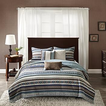 Madison Park Malone King/Cal King Size Quilt Bedding Set - Blue, Brown, Southwestern Pattern, Fair Isle - 6 Piece Bedding Quilt Coverlets - Micro Herringbone Fabric Bed Quilts Quilted Coverlet