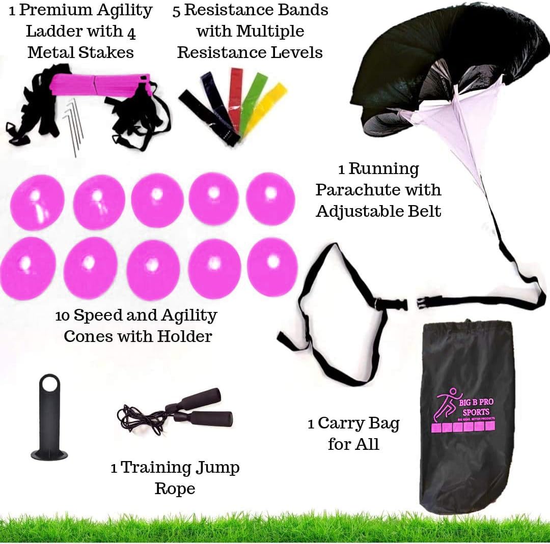 Big B Pro Sports Speed Agility Training Set - Includes Ladder, 10 Cones with Holder, Running Parachute, Jump Rope, Resistance Bands - for Training Football, Soccer, Hockey, and Basketball Athletes. : Sports & Outdoors