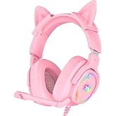 Jimonyer Gaming Headset with Microphone, 7.1 Surround Sound and Noise Canceling Over Ear Headphones for PC/PS4/PS5/Xbox Series/Switch, RGB Light and Soft Imitation Protein Earmuffs (PinkCat)