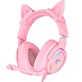 Jimonyer Gaming Headset for PC/PS4/PS5/Xbox One/Switch, Stereo Surround Sound Gaming Headphones with Noise Canceling Flexible Mic, Computer Headset with 3.5mm Jack & RGB Light (PinkCat)