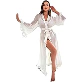 OYOANGLE Women's Mesh Sheer Ruffle Trim Long Sleeve Belted See Through Robes Bride Kimono Exotic Sleepwear