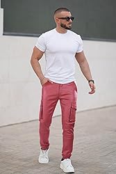 GINGTTO Mens Red Faux Leather Cargo Pants Slim Fit