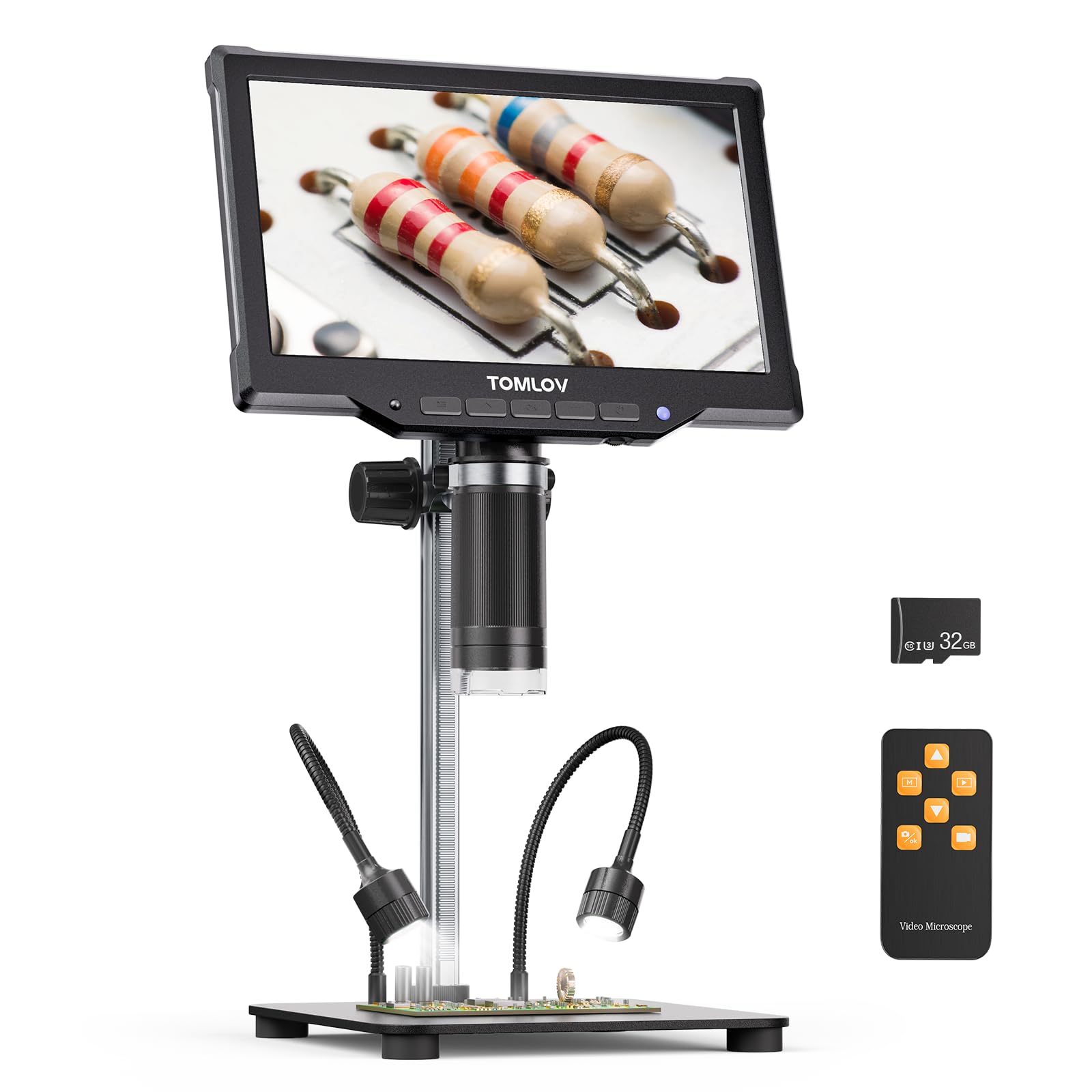 TOMLOV DM07 Digital Microscope 1200X: 7" 16MP Coin Microscope with IPS Screen, LCD Soldering Microscope, 10" Stand for Coin View, PC View, 32GB