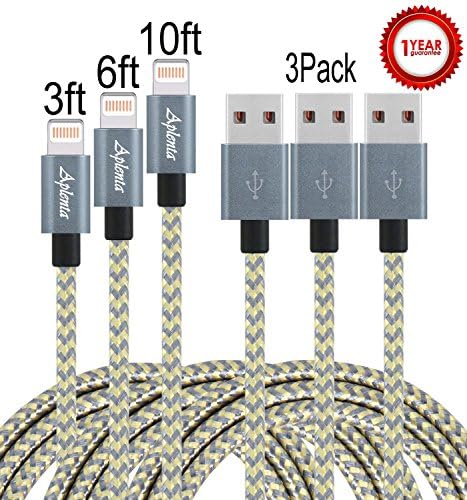 Aplenta 3Pack(3+6+10)FT Nylon Braided Charging Cable 8-Pin Lightning Cable Charger for Apple iPhone 7/7 plus,iPhone SE/6/6s/6 plus/6s plus,5c/5s/5,iPad Air/Mini,iPod.(gold&amp;gray)