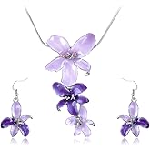 Alilang Silvery Tone Pink Rhinestones Purple Hawaiian Flower Necklace Earrings Set