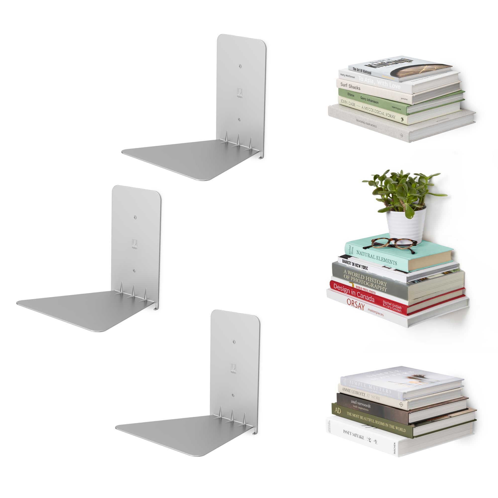 Umbra Conceal, Sturdy Metal Floating Bookshelf for Wall, Silver, Small, Set of 3