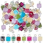 SUPERFINDINGS 32Pcs 8 Colors Natural Gemstone Connector Charms Cube Charms Connectors with 304 Stainless Steel Double Loops