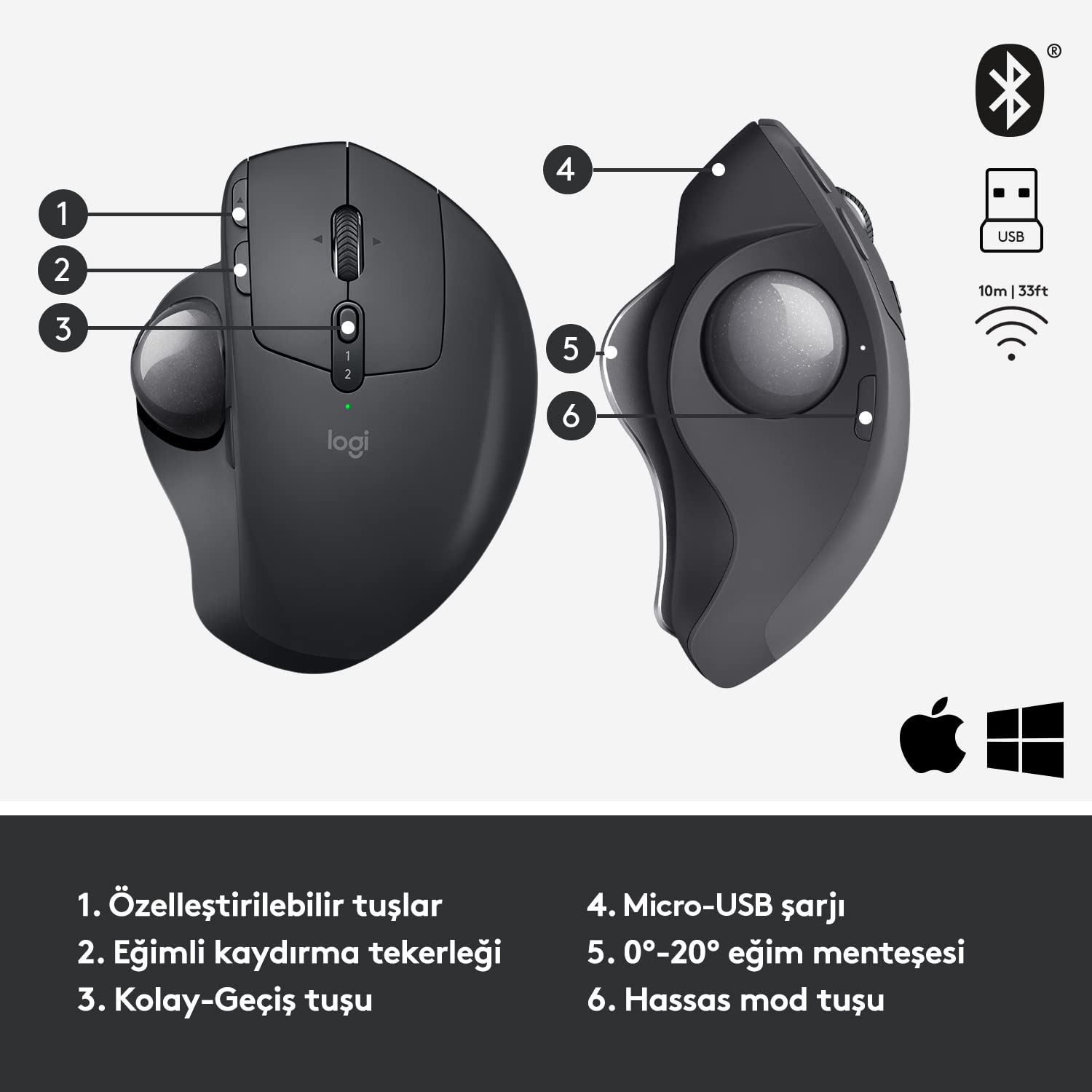 Logitech MX Ergo Wireless Trackball Mouse, Bluetooth or 2.4GHz with Unifying USB-Receiver, Adjustable Trackball Angle, Precision Scroll-Wheel, USB-C Charging Battery, PC/Mac/iPad OS - Black