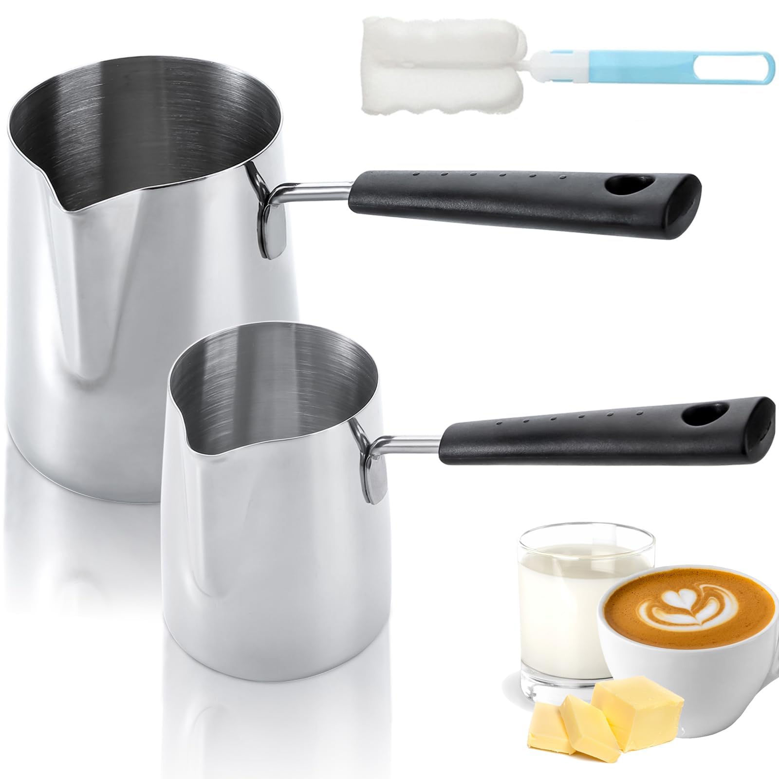 Dicunoy Set of 2 Milk Butter Warmer Pot, 350ml/650ml Turkish Coffee Pot with Cleaning Brush, Stovetop Chocolate Melting Pan, Cezve Ibrik Briki Greek Arabic Coffee Heater for Maple Syrup, Sauce Heating