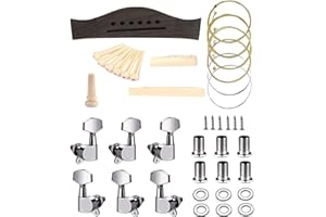 TUOREN Guitar Parts Accessories Set Guitar Rosewood Bridge Pins Saddle Nut Tuning Pegs (3 Left + 3 Right) 6 String Replacement for Acoustic Guitar Silver B