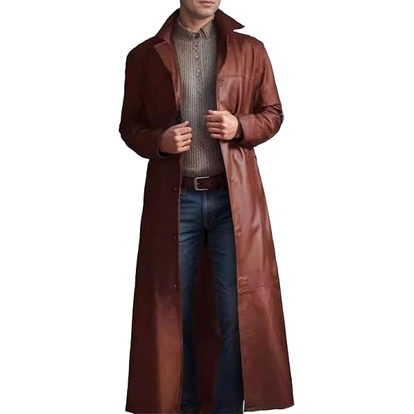 Maiyifu-GJ Men's Leather Trench Coat Full Length Vintage