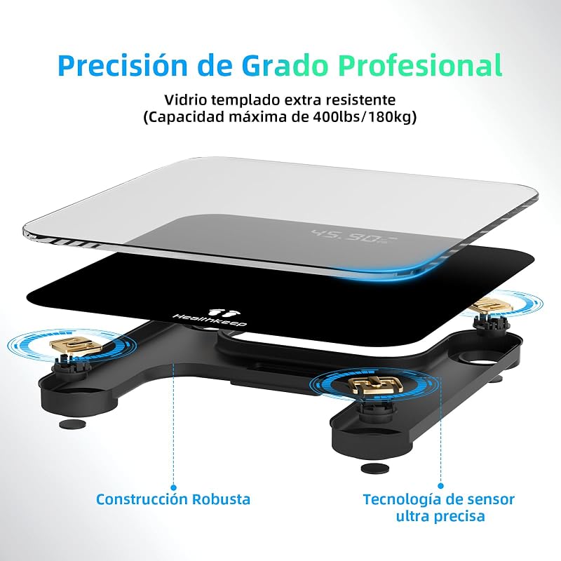 Báscula de Baño Digital,Balanza Peso Corporal de Alta Medición Precisa,Máximo 180kg, con Tecnología Step-On, Negro