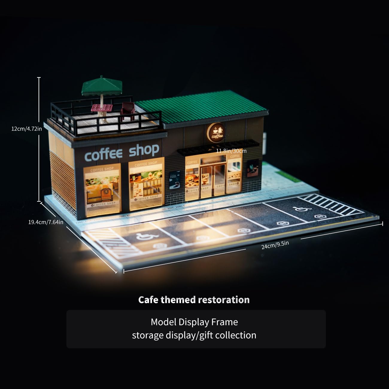 Cotymko 1/64 Diorama Garage, Model car Garage and Display case, Coffee House Diorama Display Parking lot with LED Lights and 5 Outdoor Parking Spaces for Toy car Collectors