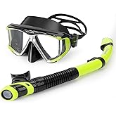 Snorkeling Gear for Adults, Anti-Fog 4-Window Snorkel Mask and Dry Top Snorkel Set, Adult Snorkel Set with Panoramic View, Soft Silicone, Mesh Bag for Scuba Diving, Swimming, Travel