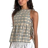 Women Y2k Babydoll Tank Top Cute Tie Up Front Sleeveless Peplum Top Vintage Plaid Cami Tops Coquette Streetwear