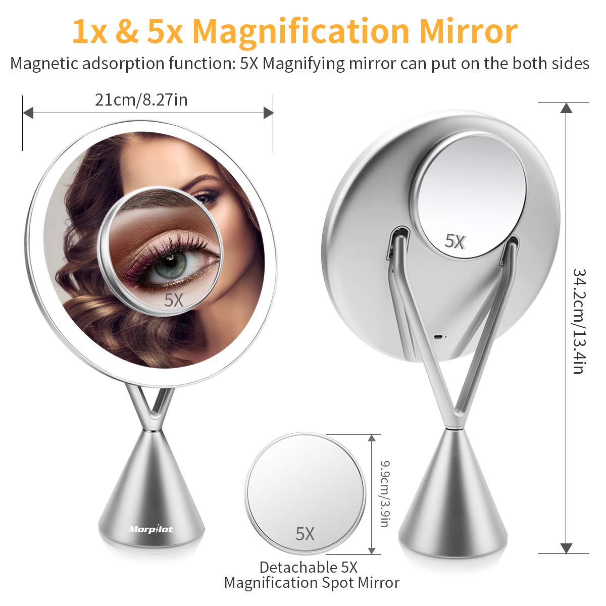 Lighted Makeup Vanity Mirror with 60 LEDs, 1x/5x Magnification, 3 Color Lighting Modes 8\'\' Rechargeable Mirror with Dimmable Touch Screen