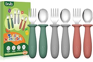 DRKIO 6 Pieces Toddler Utensils Set - Kids Silverware Set with Silicone Handle Children Safe 18/8 Stainless Steel Forks and Spoons Anti-Choke Design Food Grade Dishwasher Safe