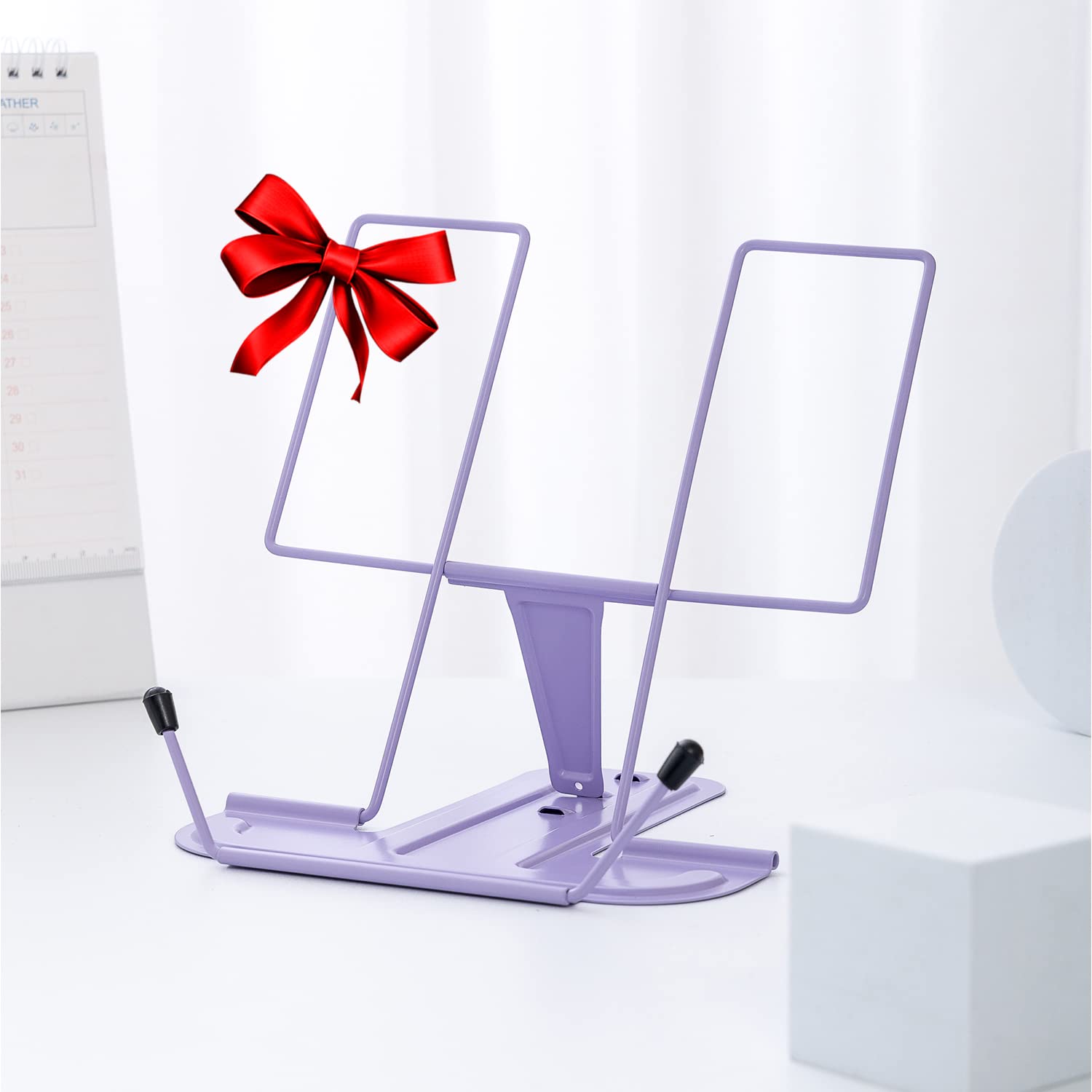 Book Stand for Reading, MSDADA Recipe Book Holder Cookbook Stand for Kitchen, Adjustable Metal Document Holder for Desk Textbook Presentation Material Tablet Music Book Stands for Display(Purple)