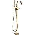 Delta Faucet Trinsic Floor-Mount Freestanding Tub Filler with Hand Held Shower, Gold Bathtub Faucet, Tub Faucet, Champagne Br