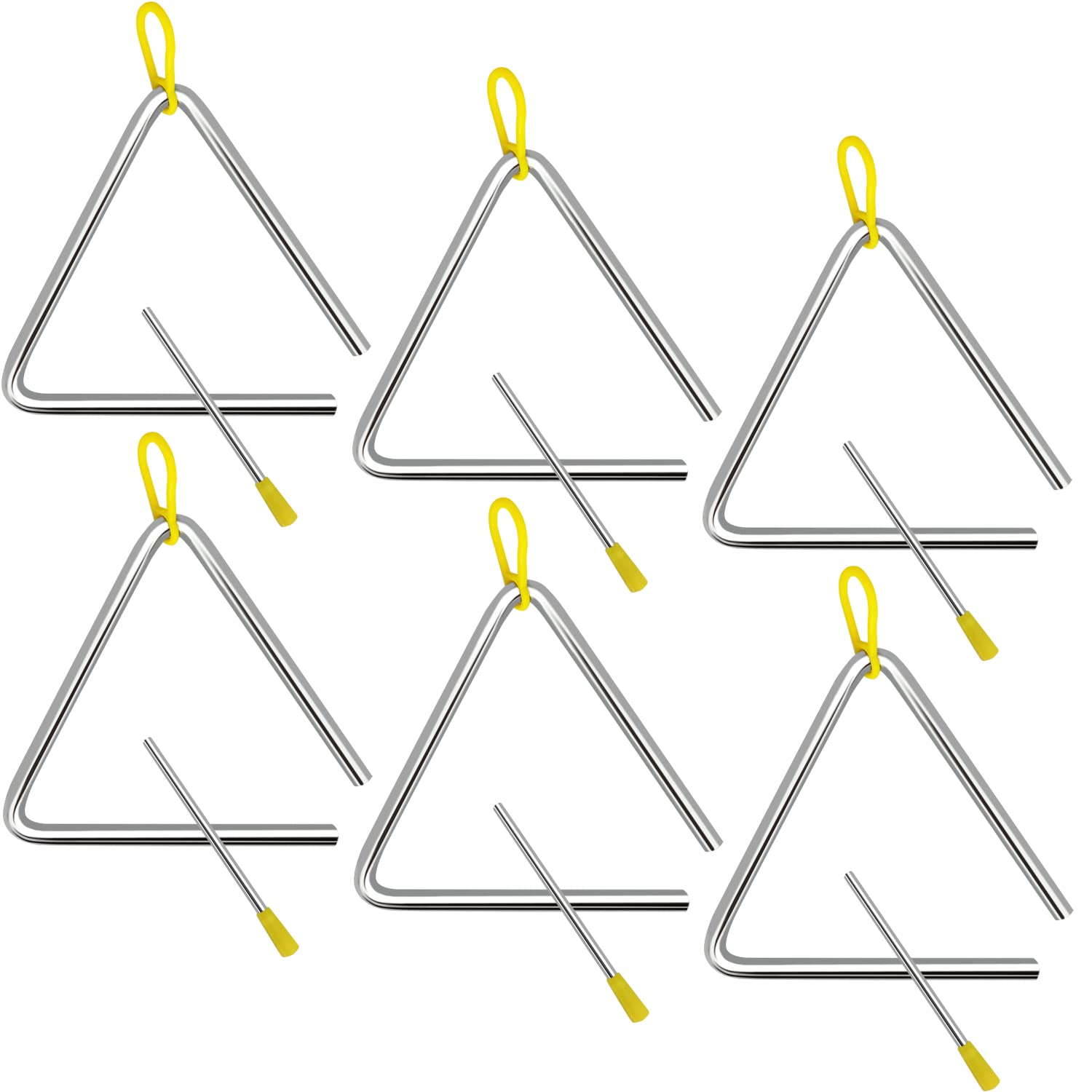 JinPhon Set of 6 Triangle Musical Instruments 5 Inch Triangle with Bat, Yellow