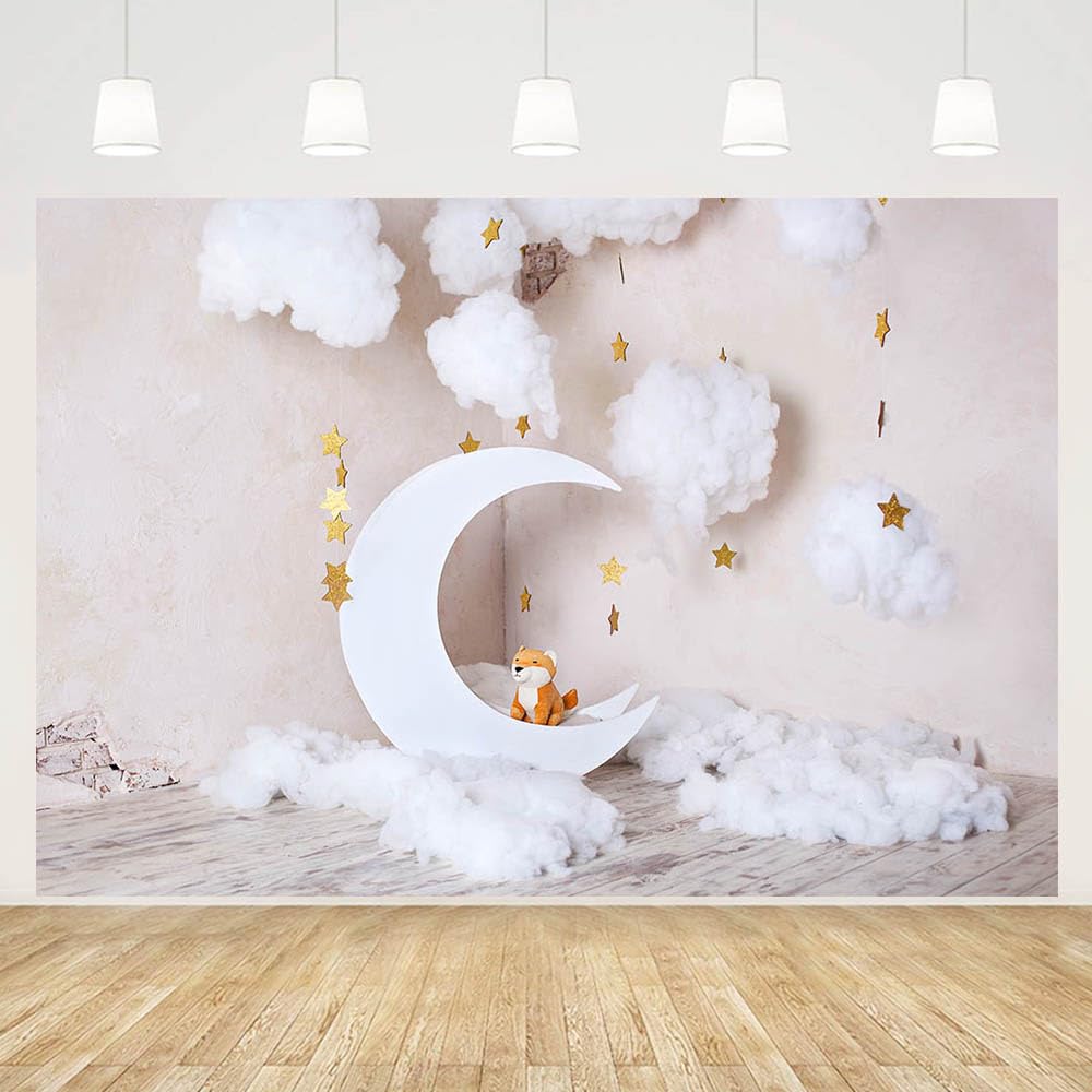 MEHOFOND 7x5ft White Moon Gold Star Photography Backdrop for Children Grey White Cloud Newborn Baby Photo Shoot Boy Girl Birthday Backdrop Banner Cake Smash Studio Photo Props