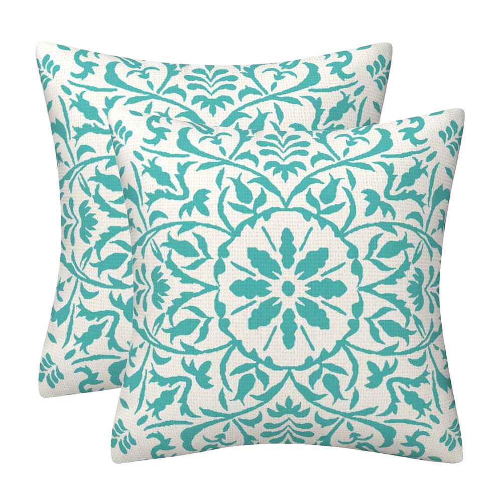 GAAFOSIPH Teal Set of 2 Cushion Covers 40cm x 40cm Bohe Flower Modern Double Sided Printed Square Linen Decor 16 x 16 inches Cushions Cases Home Garden Decorations Pillow Cover for Sofa Bed Outdoor
