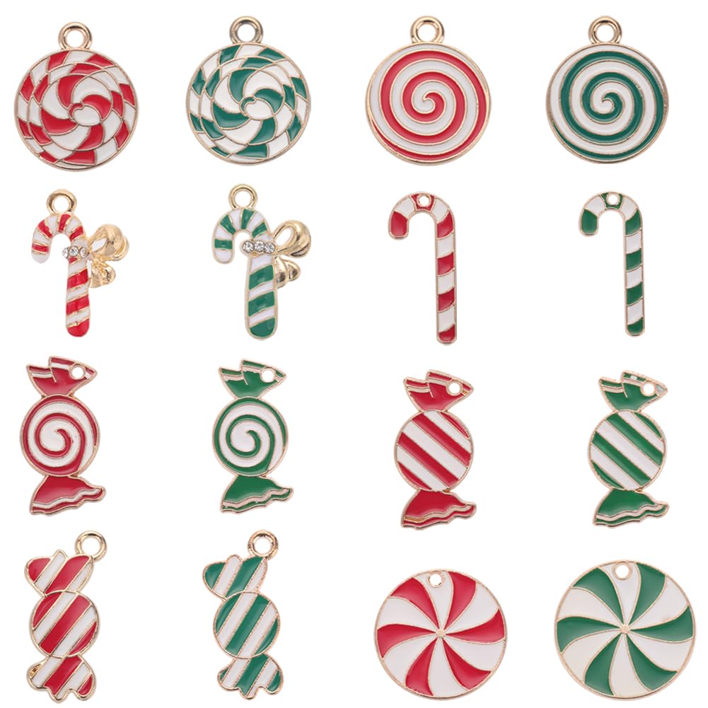 SUNNYCLUE 1 Box 32Pcs 16 Styles Candy Charms Bulk Candy Cane Charm Christmas Candies Alloy Enamel Red Gold Plated Stick Holiday Dangle Round Charm for jewellery Making Charms DIY Necklace Adults