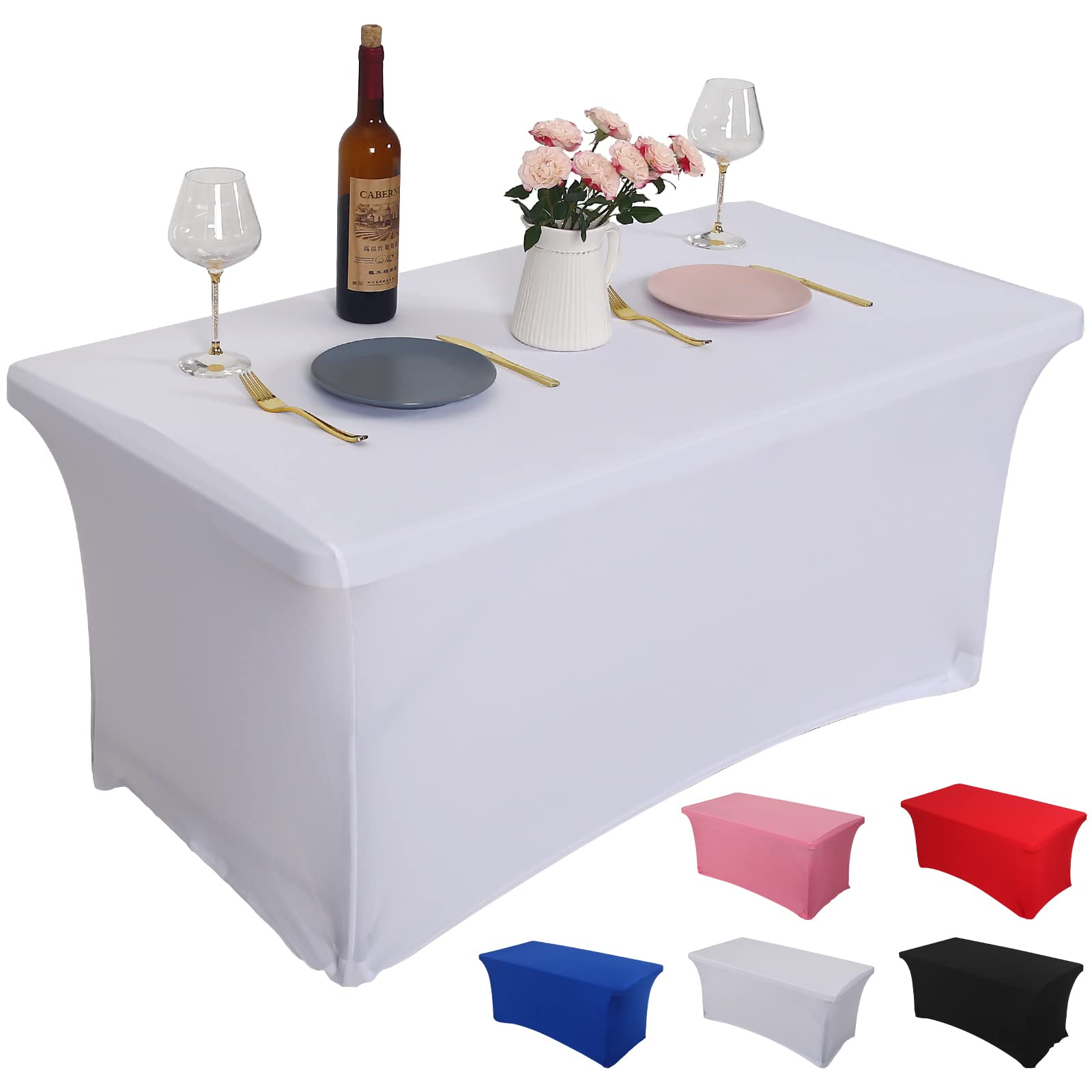Rainberg Spandex Table Cover, Black Tablecloth 6FT, Washable and Wrinkle Resistant Stretch Rectangular Patio Table Cover for Event, Wedding, Banquet & Parties. (183Lx76Wx76H) cm (White, 6FT)