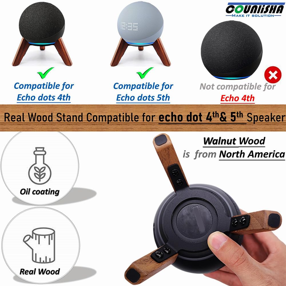 Real Wood Stand for Echo Dots(4th Gen)(5th Gen),Tripod Accessories Protect Speaker for Better Sound,Secure Stable Wooden Mount Holder for Echo Dot (Newest Model) 2024,(Walnut)