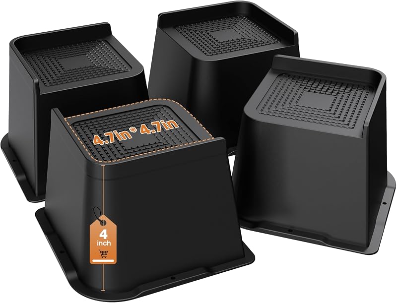 MYMULIKE Bed Risers 4 Inch Heavy Duty Up to 6000 Lbs L Shape 4 Pack Black
