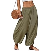 EXLURA Womens Faux Linen Wide Leg Boho Pants Summer Palazzo Casual Loose Elastic Waist Baggy Trousers Beach Vacation Pockets