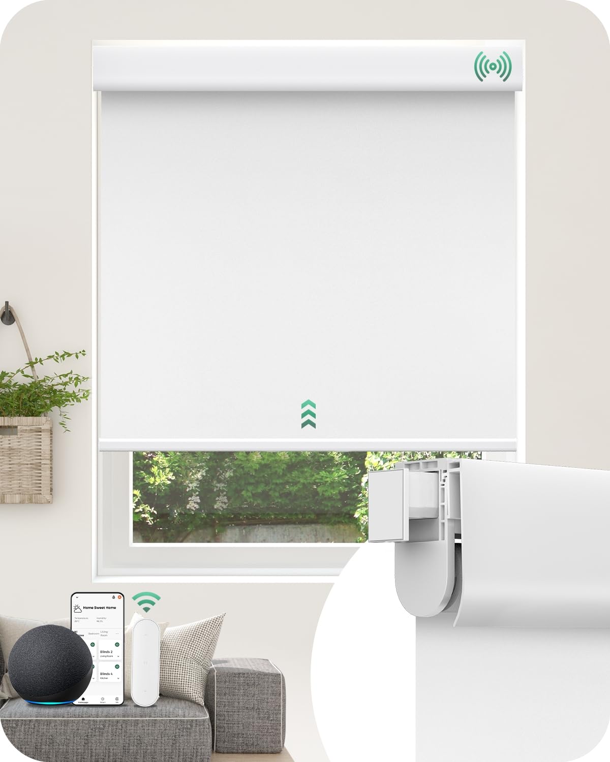Photo 1 of **THE PHOTO AND DESCRIPTION ARE FOR REFERENCE ONLY.***Allesin No Drill Motorized Roller Blinds – Rechargeable Electic Blackout Shades with Cassette Cover, Utral-Quiet Motor, Automatic Blind with Remote for Indoor Windows (White, 22" W x 72" H)