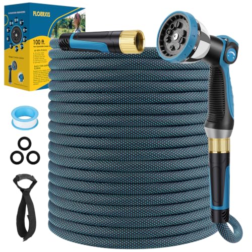 FLOERXIS Non-Expandable Garden Hose 100 FT, Lightweight Hose with 10 Function Spray Nozzle, Kink-Free Flexible Water Hose, Durable, Leak-Proof, 360° Swivel Connectors, Portable Storage Strap