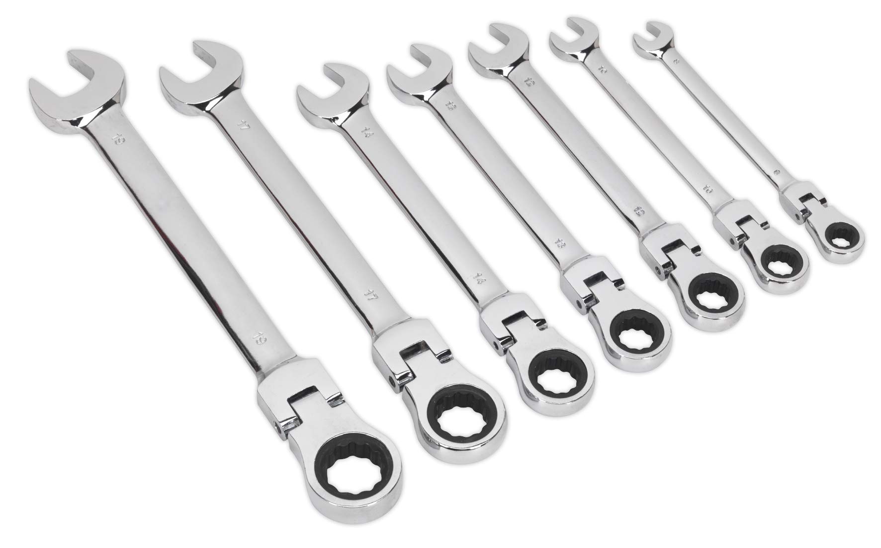 Sealey S01143 Metric Flexible Head Ratchet Combination Spanner Set, 7 Pieces